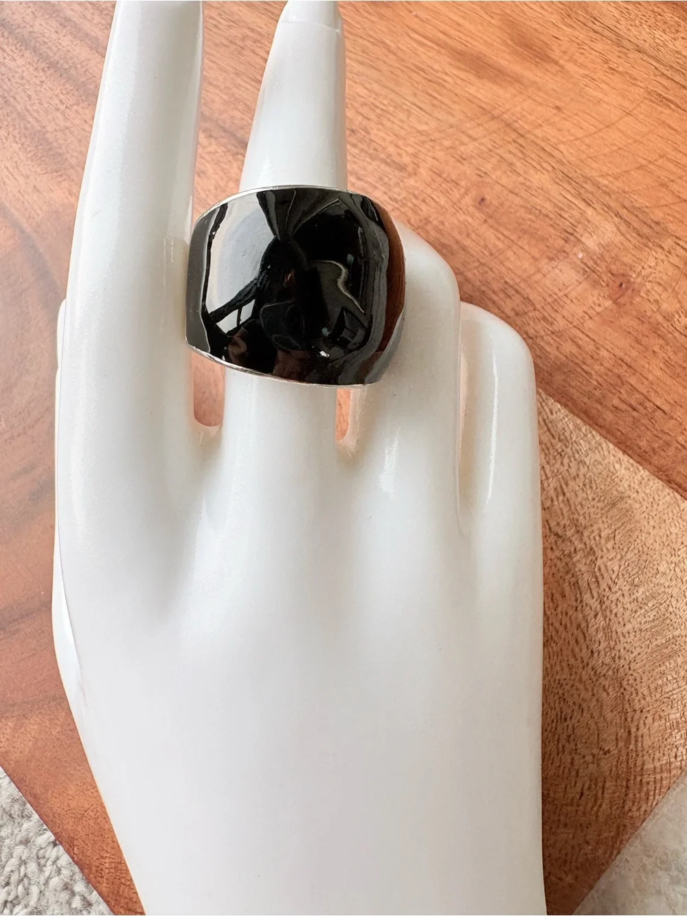 Vintage Black Cocktail Ring with Clear Stone Accents - Size 6 w/ Adjustable Band